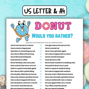 以下が含まれることがあります： DONUT WOULD YOU RATHER?というタイトルの印刷可能なゲームシートで、青いドーナツのキャラクターが描かれています。テキストにはドーナツをテーマにした選択肢が並んでおり、orで区切られています。ヘッダーにはUSレターおよびA4サイズに対応していることが示されています。