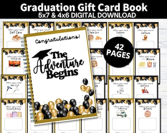 May include: A graduation gift card book with a gold and black theme. The cover reads "Congratulations! The Adventure Begins" with a graduation cap graphic. The book contains 42 pages with various gift card options.