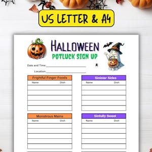 Könnte beinhalten: Ein Halloween-Potluck-Anmeldeformular mit einer Kürbis- und Geisterillustration. Das Formular enthält Abschnitte für "Frightful Finger Foods", "Sinister Sides", "Monstrous Mains" und "Sinfully Sweet". Der Text "US LETTER & A4" befindet sich in einem gelben Rechteck.