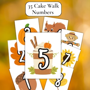 May include: A set of 35 Cake Walk Numbers printed on white cards. Each card features a large black number and a colourful autumn-themed illustration, such as a pumpkin, squirrel, scarecrow, sunflower, acorn, or a coffee cup with a number 5.