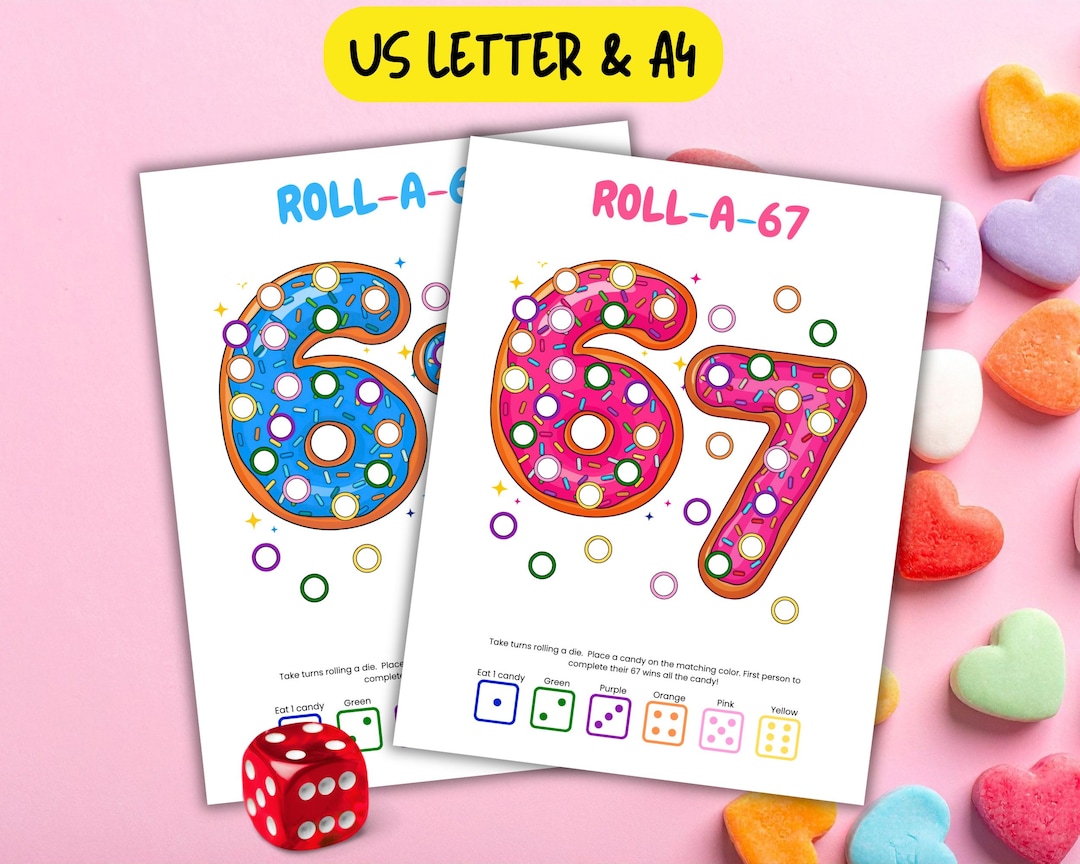 Roll a 67 Candy Dice Game, 7th Birthday Party Game Printable, Classroom ...