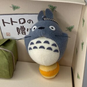May include: A plush Totoro keychain in a box. The gray Totoro has a white belly with black markings and a yellow and orange base. The box has Japanese text and green leaf accents. A green package with a rope tie is also visible.