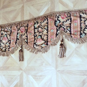 RARE Antique French 1800s Chateau window curtain canopy pelmet valance floral fabric w silk tassels, fringes, French home decor