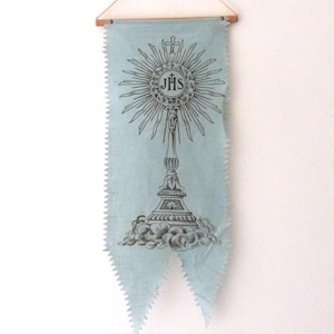 Antique French religious banner w ciborium IHS, blue processional banner w text religious church fabric devotional wall decor christmas gift