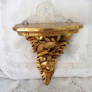 Antique French gilded wooden wall console shelf, hand carved gold tone wood w curls scrolls, 1900s French home wall hanging decor gift