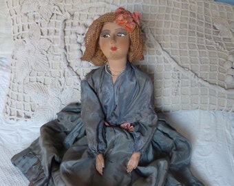 Ancienne Poupée De Chiffon – Poupée Boudoir En Paille – Vintage