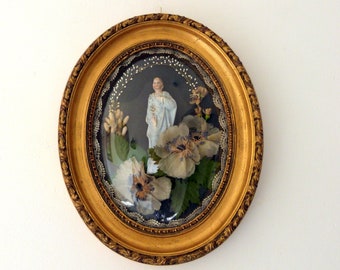 Antique French Victorian diorama frame w bisque st Joseph, wedding crown in wax orange flower blossom gilded wooden frame w dome blown glass
