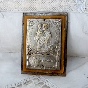 Antique French religious relic icon frame w saint Antoine de Padoue signed silverplated medal Saint Anthony with child Jesus, devotional art