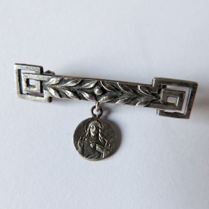 Antique French religious silverplated brooch pin w miraculous signed medal w sacred heart of Jesus Christ, catholic religious jewelry brooch