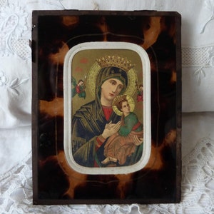 Antica cornice religiosa francese del 1900 con Madonna Madonna e Gesù bambino santino exvoto reliquiario ex voto Cornice reliquia Madonna e Bambino