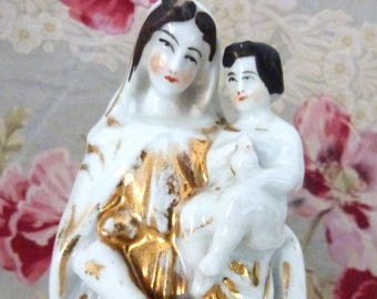 Antique French Holy Virgin Mary statue sculpture in gilded porcelain Madonna and child Jesus religious statue Our Lady statue sculpture gift