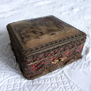 Antique wooden box w print, red silk and gold metallic trimming, keepsake jewelry or candy box, decorative storage box, boudoir decor