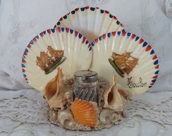 Vintage French inkwell coast France souvenir hand painted desk ink well w seashell art boat sailor valentine shell art inkwell, writer gift