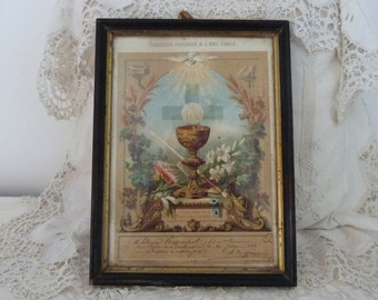 Religious French frame w devotional lithographic certificat signed first Holy communion souvenir 1800s w IHS chalice, dove of peace, angels