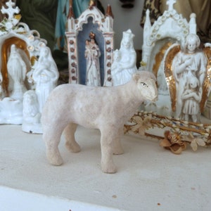 1950s flocked sheep Christmas nativity creche vintage French Easter lamb figurine or Christmas tree stocking gift holiday home decor