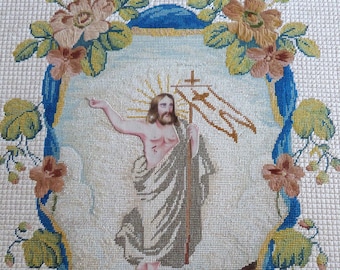 Antique French 1800s Resurrection of Jesus needlepoint w felt wall hanging tapestry w embroidered roses , needlework religious wall art