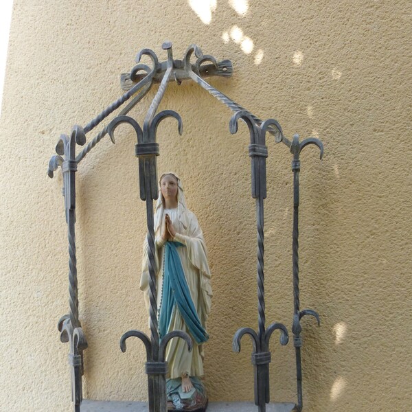 LARGE Antique French religious wall shrine hand forged iron chapel for statue sculpture, devotional wall hanging decor outdoors or indoors