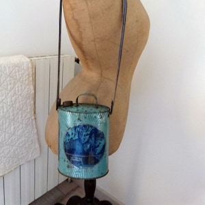 LARGE Antique French holy water Lourdes bottle canteen canister jug tin Lourdes souvenir, Holy virgin Mary our lady of Lourdes w Bernadette