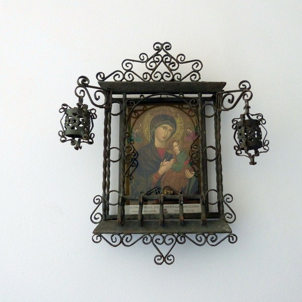 Antique 1900s religious frame wall hanging w Madonna and child Jesus Christ in metal frame w lanterns, Holy virgin Mary, RARE christian art