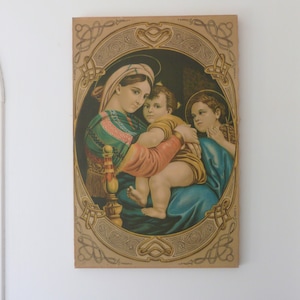 LARGE Vintage frame madonna della seggiola sedia and child Jesus icon print on canvas on wooden frame, devotional religious art gift
