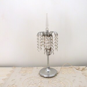 Vintage French crystal beaded table desk lamp w chrome base w crystal obelisk, 1960s lighting vintage home decor, standing cristal lamp