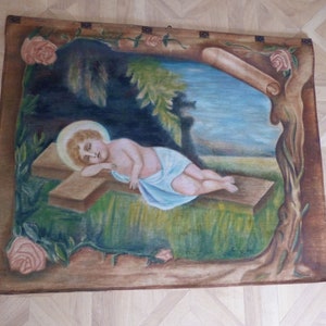 Antique religious oil painting w child Jesus on linen canvas, French 1900s LARGE painting, religious antiques devotional art church decor