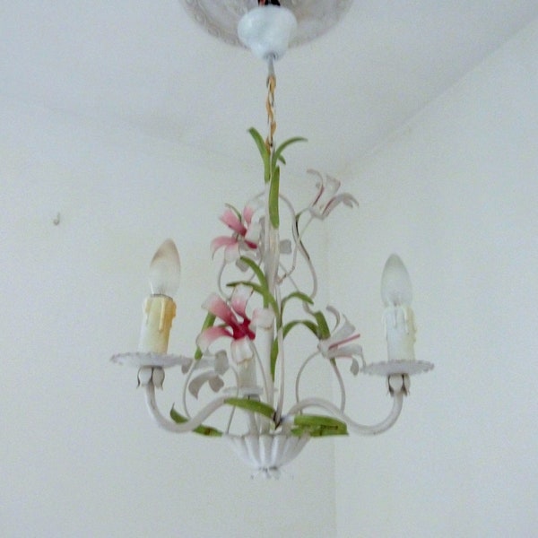 Vintage French floral toleware tole chandelier lamp w pink lys flowers, tole lighting ceiling light fixture, romantic cottage chic light