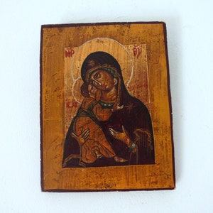 Antique religious orthodox icon w handpainted Madonna w child Jesus on gilded wood, signed devotional religious orthodox wall art decor gift