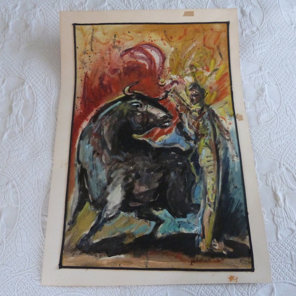 vintage signé peinture à l'huile w Matador bull combats des années 1960 toile européenne impressionniste signé art peinture w tons lumineux