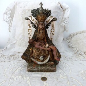 Large Antique French religious handpainted terracotta mourning Pieta statue sculpture Jesus Christ w Holy Mother christian devotional art