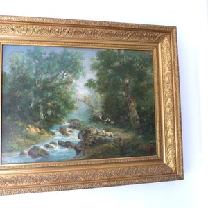Large Antique framed oil painting landscape on canvas, signed Cayla, French 1800s school of Barbizon oil painting European impressionist art