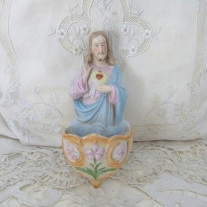 Antique German bisque religious Holy water font stoup w sacred heart of Jesus Christ sculpture w artnouveau flowers, devotional gift decor