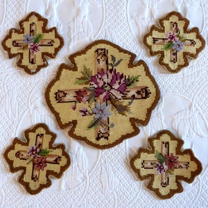 5 antique French needlepoint application applique patches handembroidered floral crosses w roses, religious embroidery for church vestment