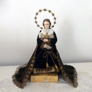 Antigua religiosa Nuestra Señora de los siete dolores dolores jaula muñeca estatua Madonna maniquí santos 1800 madera pintada a mano con ojos de vidrio