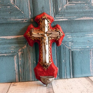 Antique French 1800s religious holy water font w detailed Jesus Christ corpus cristi statue, wooden velvet cross crucifix, INRI church decor