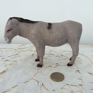 LARGE 1900s flocked donkey animal Christmas nativity creche antique French Putz crib figurine santon, Christmas tree holiday home decor