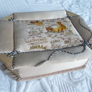 Antique French hand embroidered silk box w ducks, beads, sewing, keepsake, glove or jewelry box, decorative storage box, boudoir home decor
