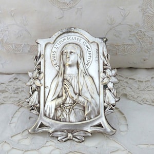 Antique French religious frame signed silver icon relic shrine w Holy Virgin Mary our lady of Lourdes souvenir Holy Mother christian gift