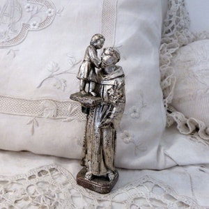 Antique French religious statue of saint Antoine de Padoue Saint Anthony with child Jesus statue spelter sculpture, devotional religious art
