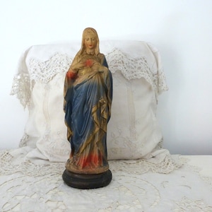 Antique French signed religious statue sculpture sacred heart of Mary the Holy virgin Marie, devotional art of Lourdes, our holy mother