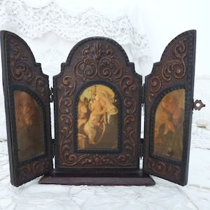 Antique French embossed leather triptych w the virgin and child Jesus travel icon devotional religious triptych w holy virgin Mary, saints