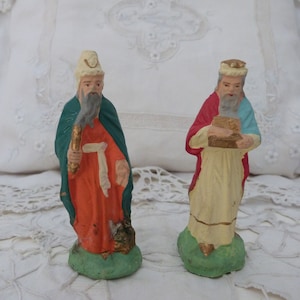 1900s Christmas nativity creche 2 wisemen magi kings antique French handpainted wisemen figurines statues, christmas holiday tree home decor
