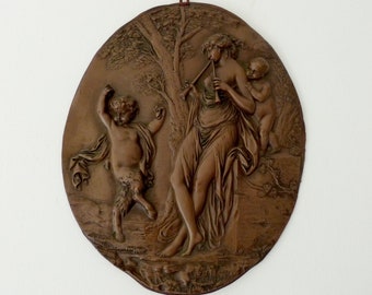 Antique French embossed copper bas relief medallion wall hanging decor ornament, mythology satyr mythical decor 1800s French home wall decor