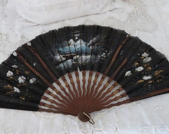 Antique hand fan 1800s folding fan French Chateau hand painted handfan w gilded sandal wooden handle, French boudoir ladies accessories