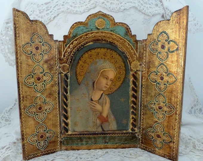 Vintage Florentine Italian Gilded Triptych W Madonna of Peace, Floral
