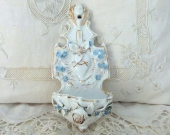 Holy water font w angel sculpture Antique French 1900s angel statue cherub putti hand painted porcelain religious stoup w roses ornament