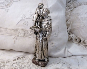Antique French religious statue of saint Antoine de Padoue Saint Anthony with child Jesus statue spelter sculpture, devotional religious art