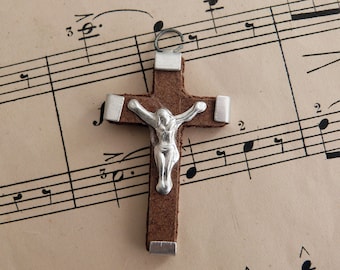 Vintage wooden cross necklace pendant Jerusalem souvenir crucifix for rosary religious pectoral cross w Jesus Christ, religious jewelry gift
