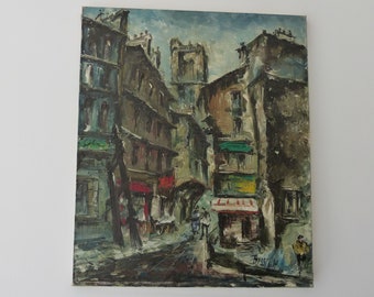 Vintage French oil painting signed Andre Besse w retro Paris street scene 1960s linen European impressionist art painting Paris decor