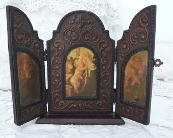 Antique French embossed leather triptych w the virgin and child Jesus travel icon devotional religious triptych w holy virgin Mary, saints